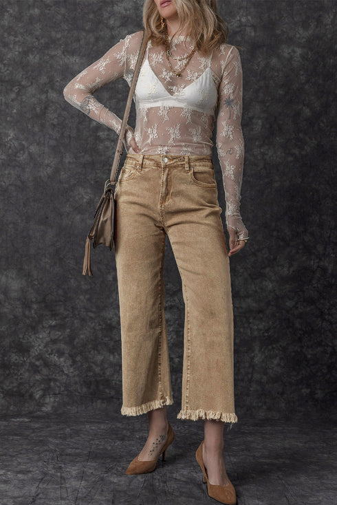 High Rise Cropped Washed Denim Wide Leg Jeans