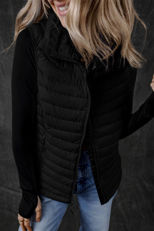 Plush Collar Quilted Zip Front Puffer Vest