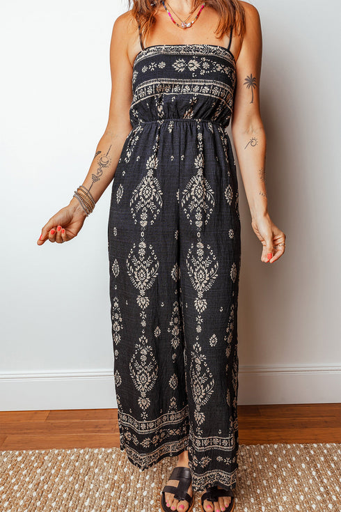 Bohemian Ethnic Print Spaghetti Strap Wide Leg Jumpsuit
