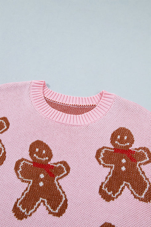 Gingerbread Pattern Round Neck Long Sleeve Shift Sweater