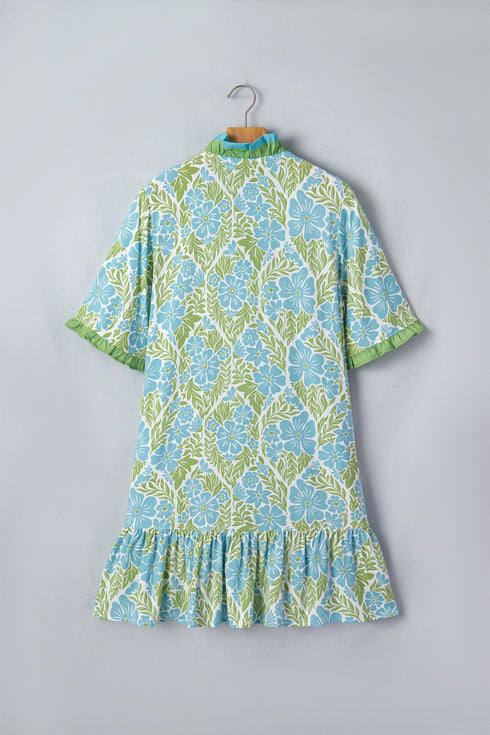 Botanical Floral Print Frilled Trim V Neck Button Front Dress