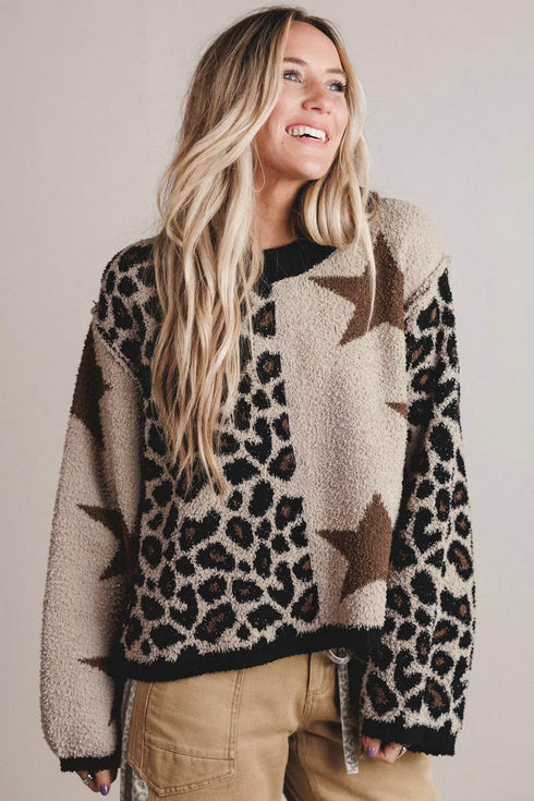 Leopard Star Pattern Round Neck Long Sleeve Shift Sweater