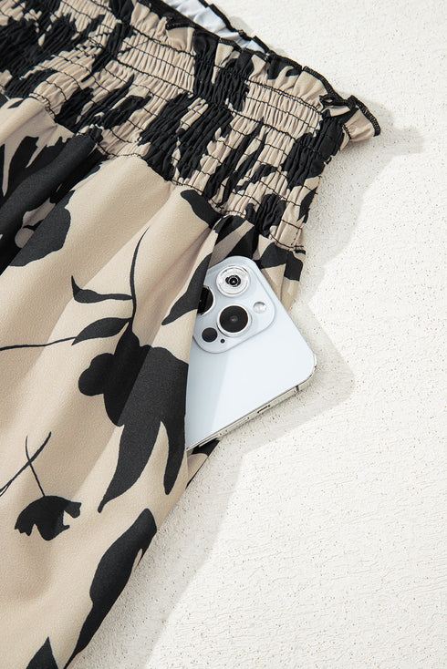 Bohemian Floral Print Smocked High Waist Wide Leg Pants