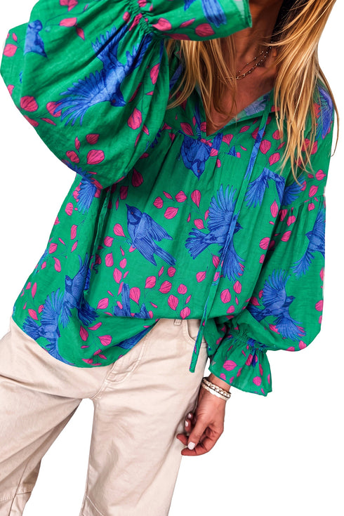 Abstract Print V Neck Flounced Puff Sleeve Blouse