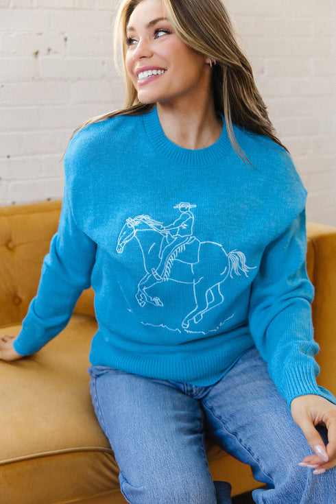 Western Embroidery Drop Shoulder Pullover Knit Sweater
