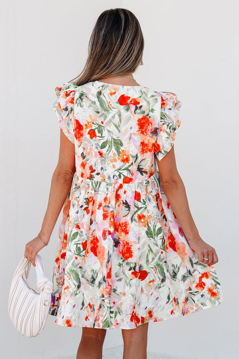 Floral Double Ruffle Sleeve V Neck High Waist Mini Dress