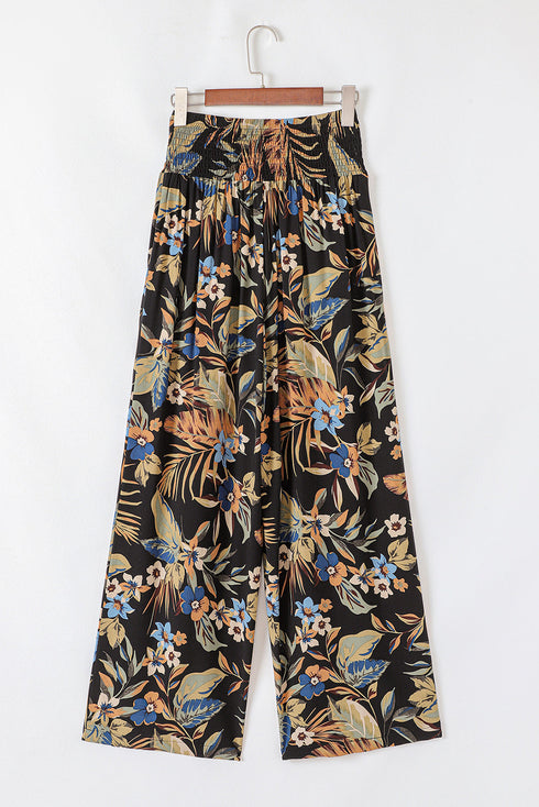 Bohemian Floral Print Smocked Waist Wide Leg Pants