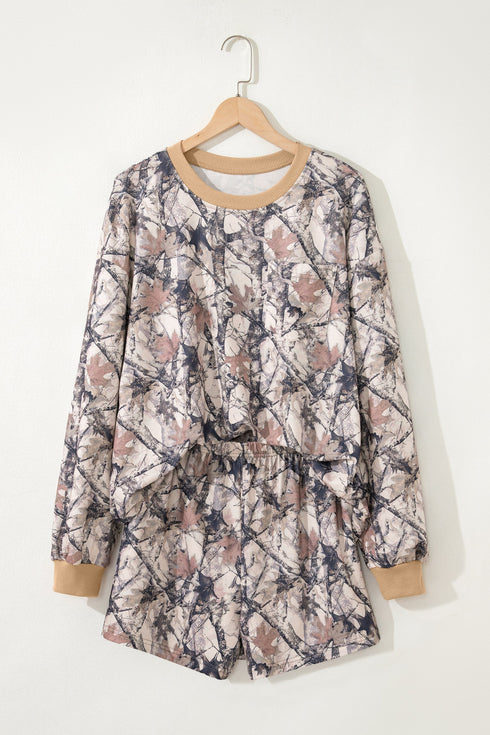 Abstract Woodland Print Long Sleeve Casual Short Set