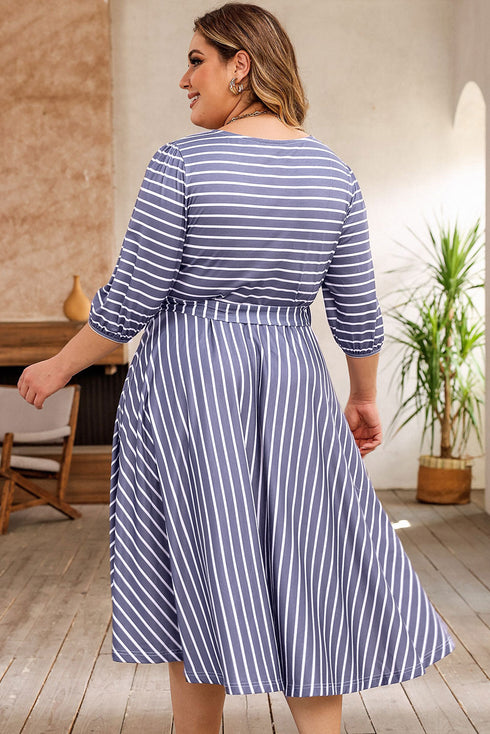 Striped Tie Waist Three Quarter Sleeve Plus Size Dress