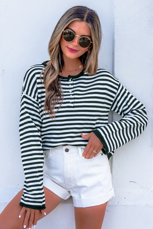 Striped Button Placket Drop Shoulder Long Sleeve Sweater