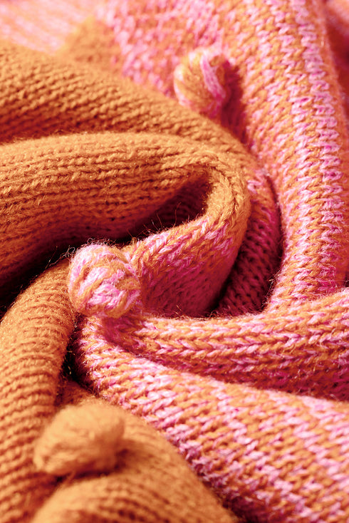 Slouchy Color Block Pom Pom Textured Knit Cardigan