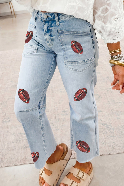 Denim Sequin Rugby Pattern Raw Hem Jeans