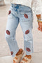 Denim Sequin Rugby Pattern Raw Hem Jeans