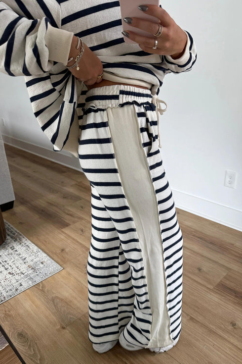 Striped Ribbed Cuff Collar Pocket Loose Pant Set