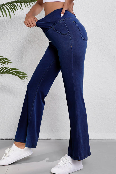 High Stretch Crossed Waist Flare Knit Denim Jeans