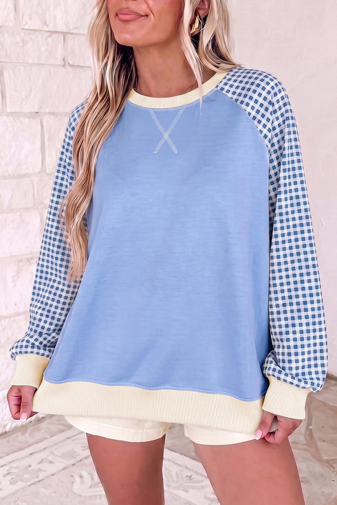 Polyester Plaid Pattern Sleeve Raglan Pullover Sweatshirt