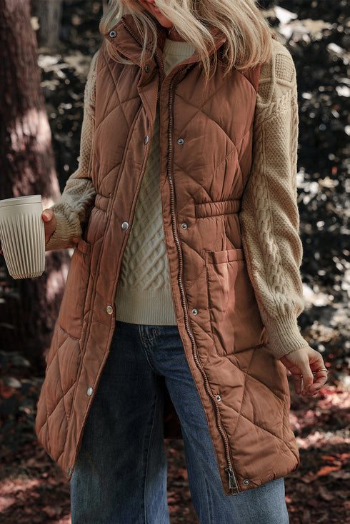 Casual Quilted Longline Stand Collar Puffer Vest