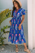 Floral Puff Short Sleeve V Neck High Waist Maxi Dress