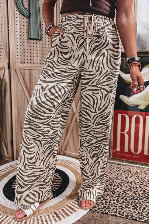 Western Print Zebra Pattern Elastic Waist Pocket Full Length Pants