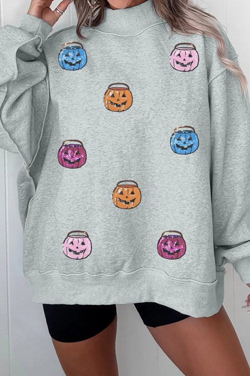Sequin Pumpkin Face Graphic Mock Neck Sweatshirt