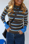 Striped Ribbed Knit Cuff Henley Button Sweater