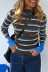 Striped Ribbed Knit Cuff Henley Button Sweater