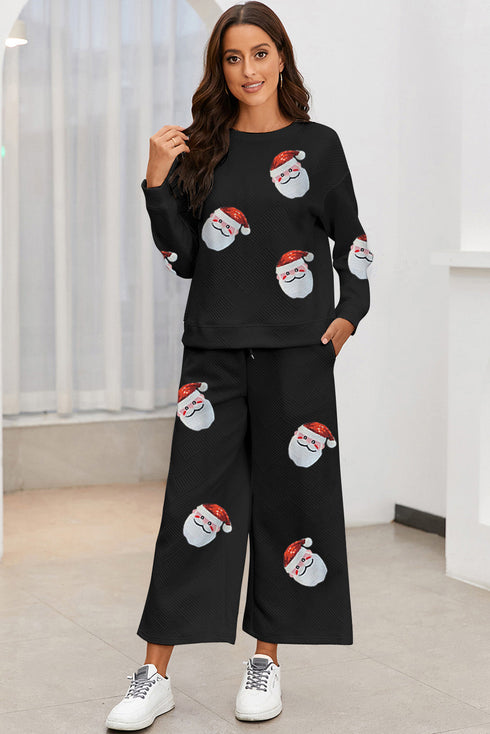 Sequined Santa Claus Print Textured Pants Graphic Set