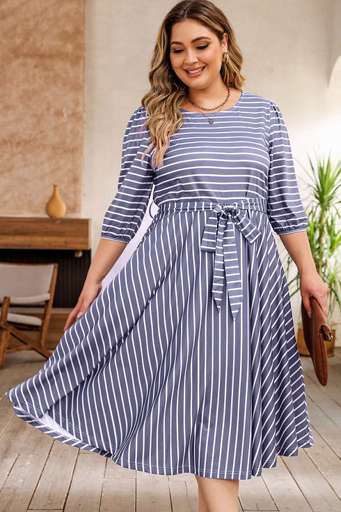 Striped Tie Waist Three Quarter Sleeve Plus Size Dress