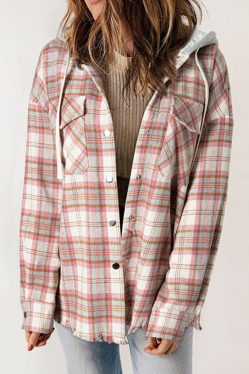Distressed Plaid Flap Pocket Hooded Raw Hem Shacket