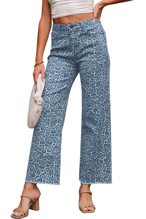 Western Style Leopard Print Frayed Edge Wide Leg Jeans