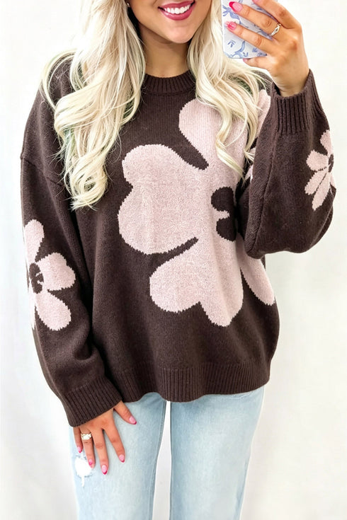 Floral Knit Round Neck Dropped Shoulder Sweater