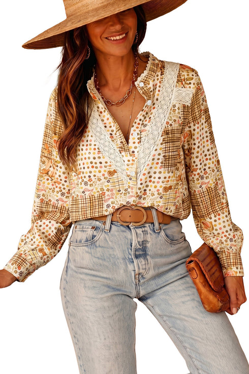 Floral Lace Trim Button Down Long Sleeve Blouse