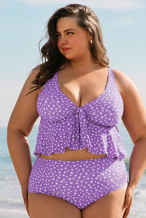 Polka Dot Ruffled Knotted V Neck Tankini Swimwear