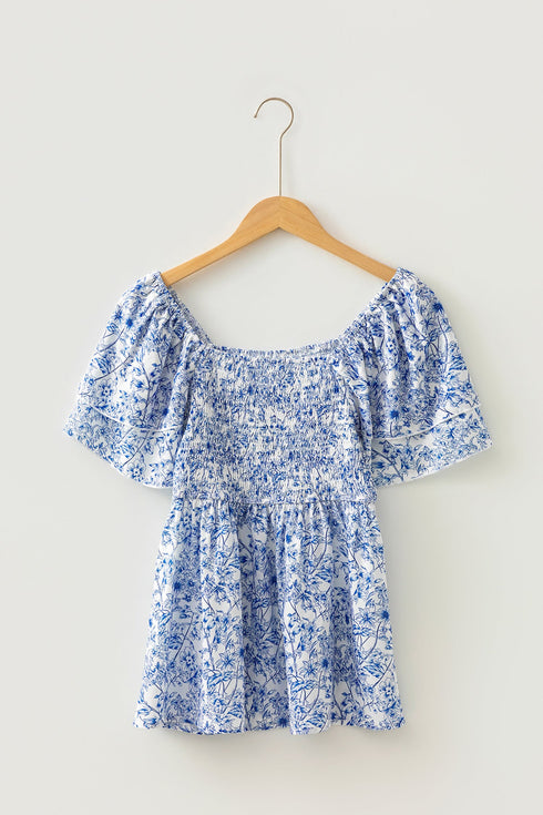 Floral Print Square Neck Ruffled Sleeve Smocked Babydoll Blouse