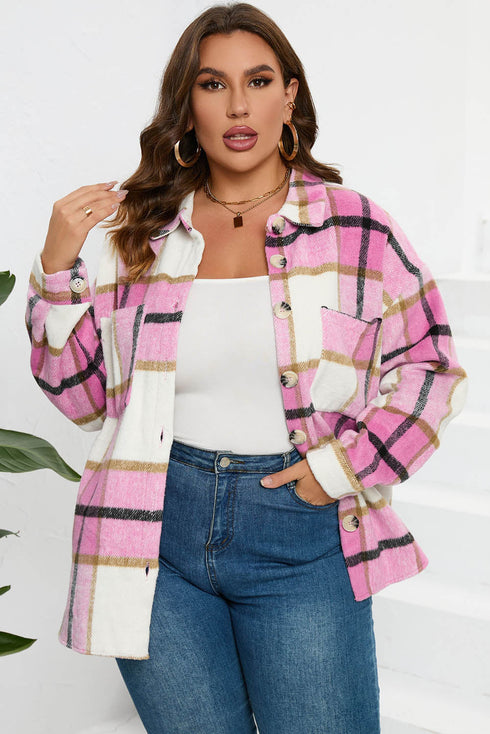 Paneled Pocketed Button Down Long Sleeve Plaid Shacket