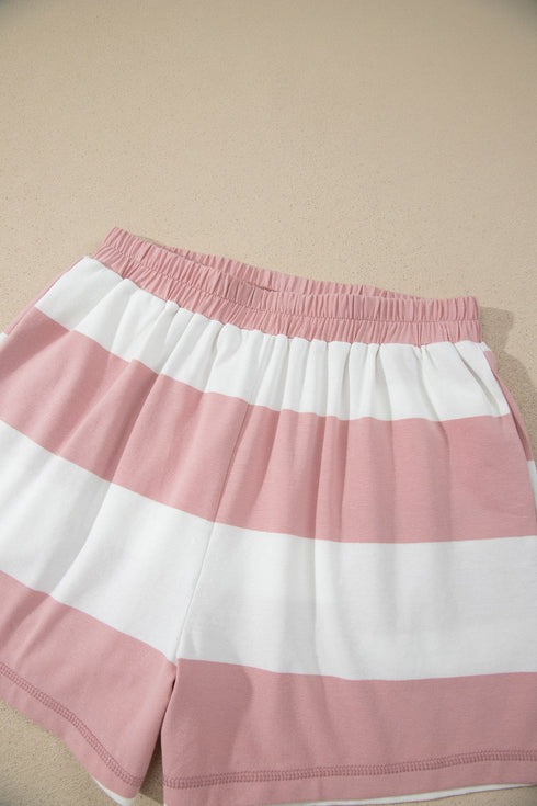 Striped Half Zip Bracelet Sleeve Top Short Set