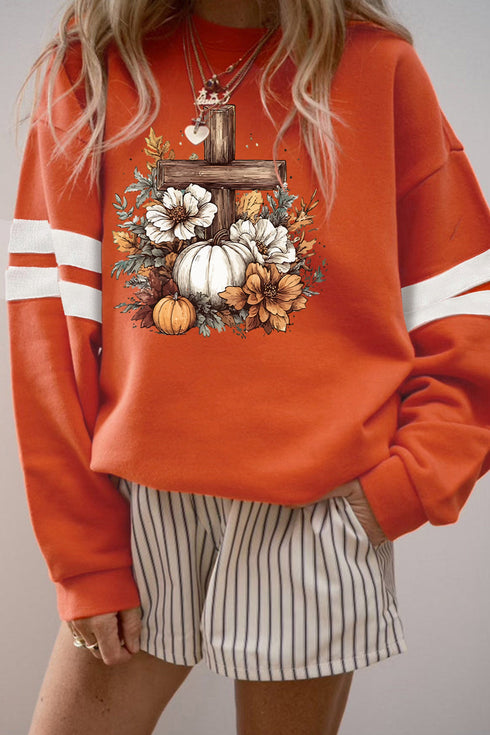 Floral Pumpkin Cross Print Banded Sleeve Graphic Sweatshirt
