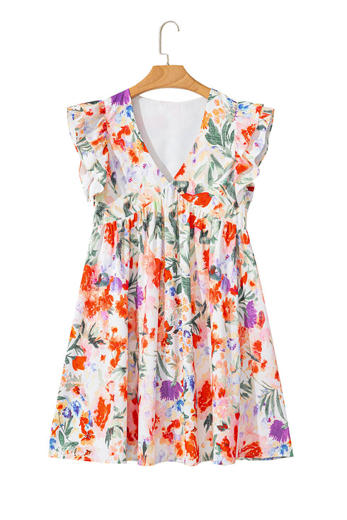 Floral Double Ruffle Sleeve V Neck High Waist Mini Dress