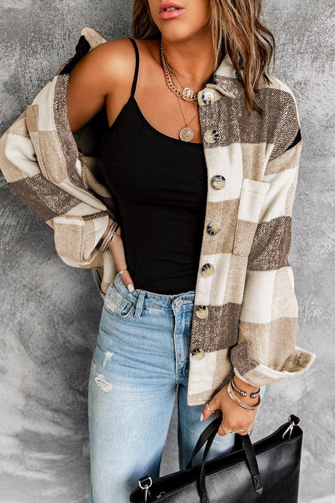 Paneled Pocketed Button Down Long Sleeve Plaid Shacket
