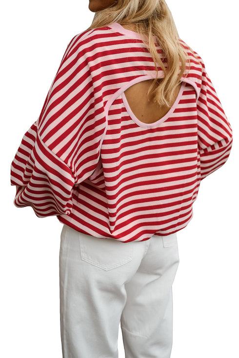 Striped Cutout Open Back Long Sleeve Loose Top