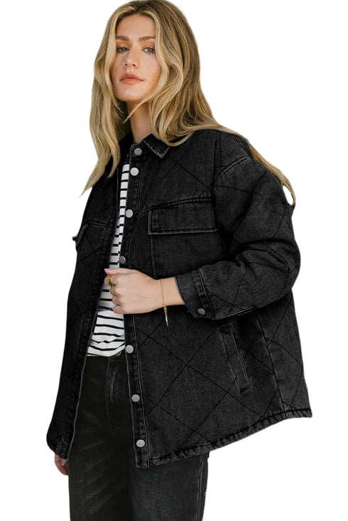 Rhombus Stitched Pattern Button Pocketed Denim Jacket