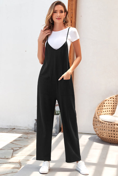 Solid Casual Adjustable Spaghetti Strap Straight Leg Jumpsuit
