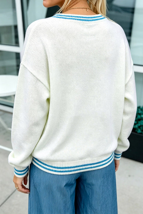 Bulldog Motif Trim Detail Round Neck Sweater