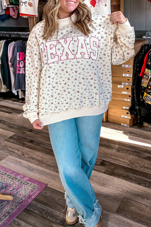 Texas Floral Applique Ribbed Mock Neck Tunic Sweatshirt