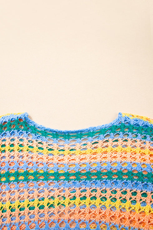 Long Sleeve Striped Open Knit Boho Crochet Top