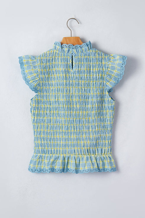 Gingham Plaid Smocked Lace Trim Ruffle Tank Top