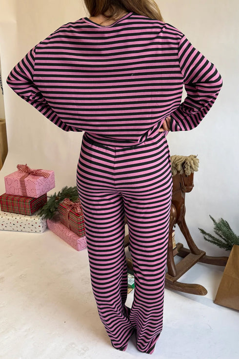 Striped Long Sleeve Top Drawstring Cotton Blend Pants Set