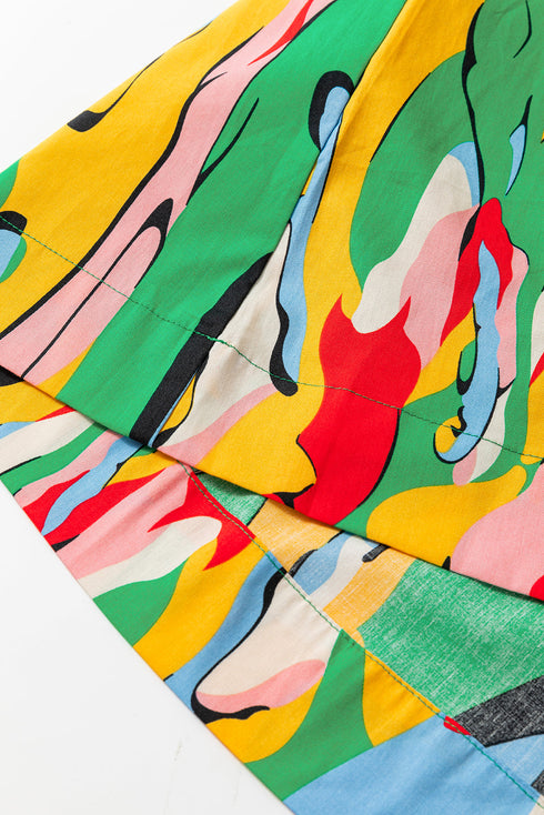 Abstract Print Ruffled Mock Neck Shift Dress