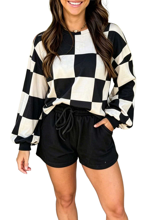 Checkerboard Plaid Long Sleeve Two Piece Short Set