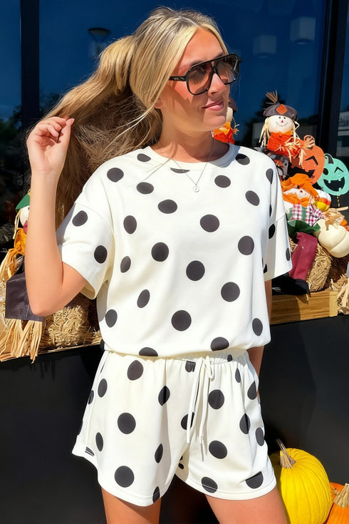 Polka Dot Print Loose Tee Drawstring Waist Short Sets